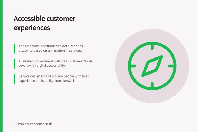 Accessible customer experiences: The Disability Discrimination Act 1992 bans disability-based discrimination in services.; Australian Government websites must meet WCAG Level AA for digital accessibility.; Service design should include people with lived experience of disability from the start. Accessible customer experiences