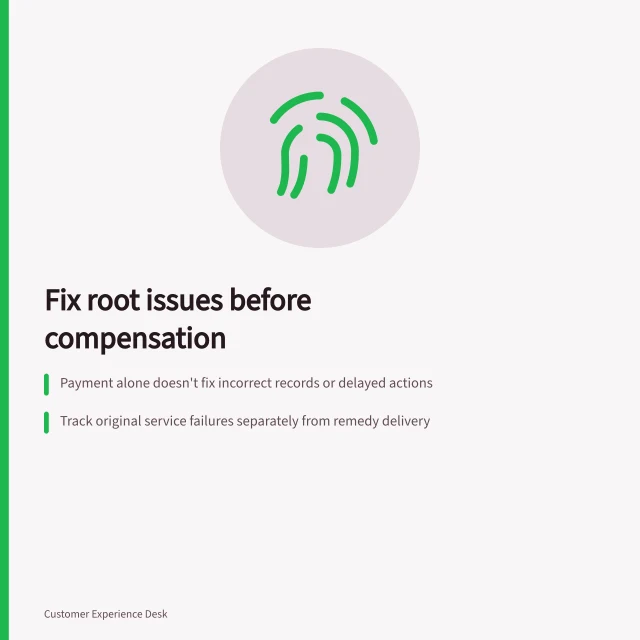 Fix root issues before compensation: Payment alone doesn't fix incorrect records or delayed actions; Track original service failures separately from remedy delivery; Check what the customer still faces after accepting an offer. Avoiding compensation that leaves the underlying issue untouched