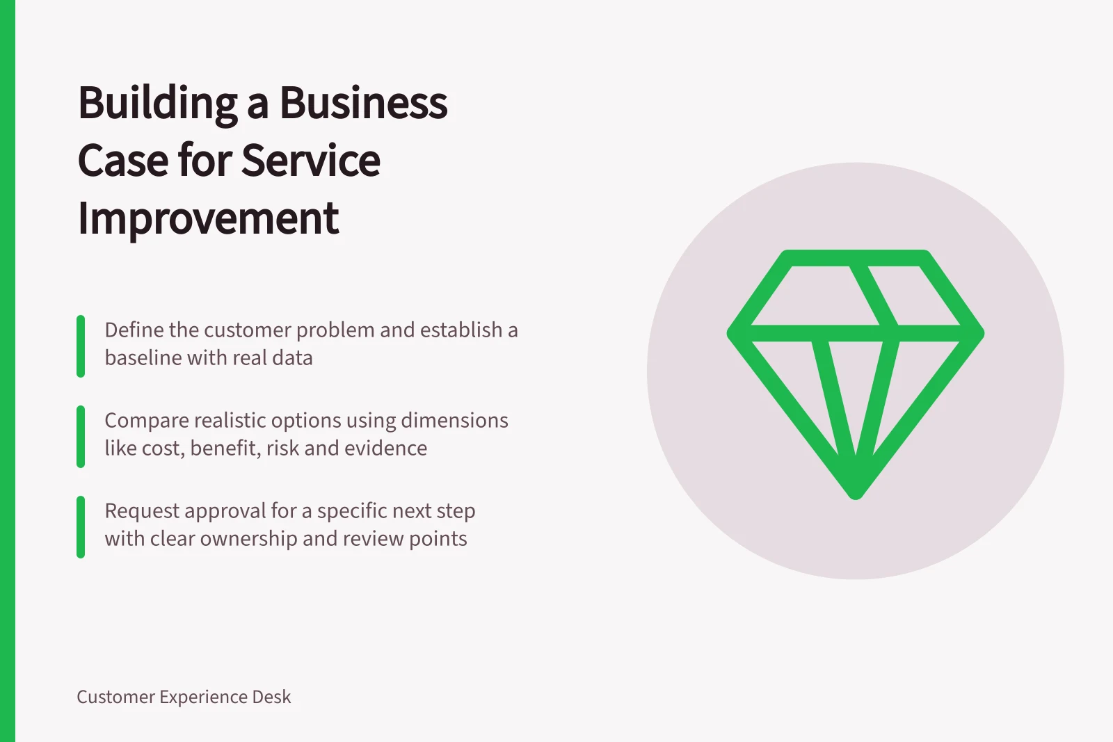 Building a Business Case for Service Improvement: Define the customer problem and establish a baseline with real data; Compare realistic options using dimensions like cost, benefit, risk and evidence; Request approval for a specific next step with clear ownership and review points