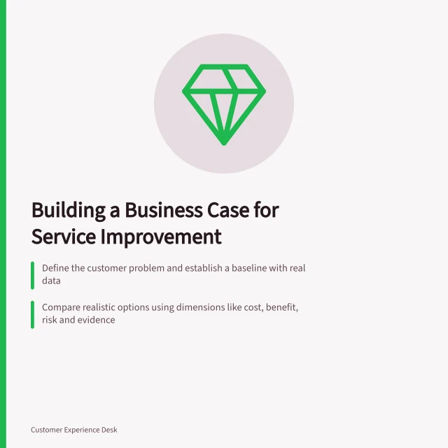 Building a Business Case for Service Improvement: Define the customer problem and establish a baseline with real data; Compare realistic options using dimensions like cost, benefit, risk and evidence; Request approval for a specific next step with clear ownership and review points. Building a business case for a service improvement
