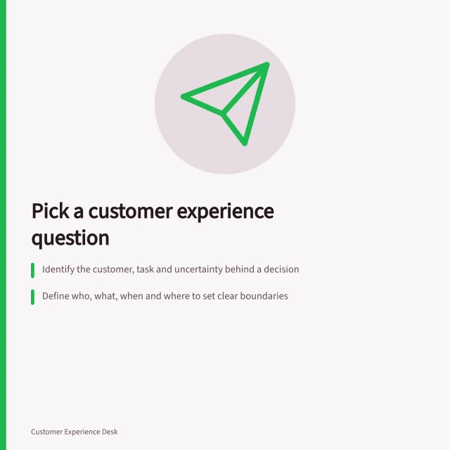 Pick a customer experience question: Identify the customer, task and uncertainty behind a decision; Define who, what, when and where to set clear boundaries; Check that evidence can answer the question before recruiting participants. Choosing a customer experience question worth investigating