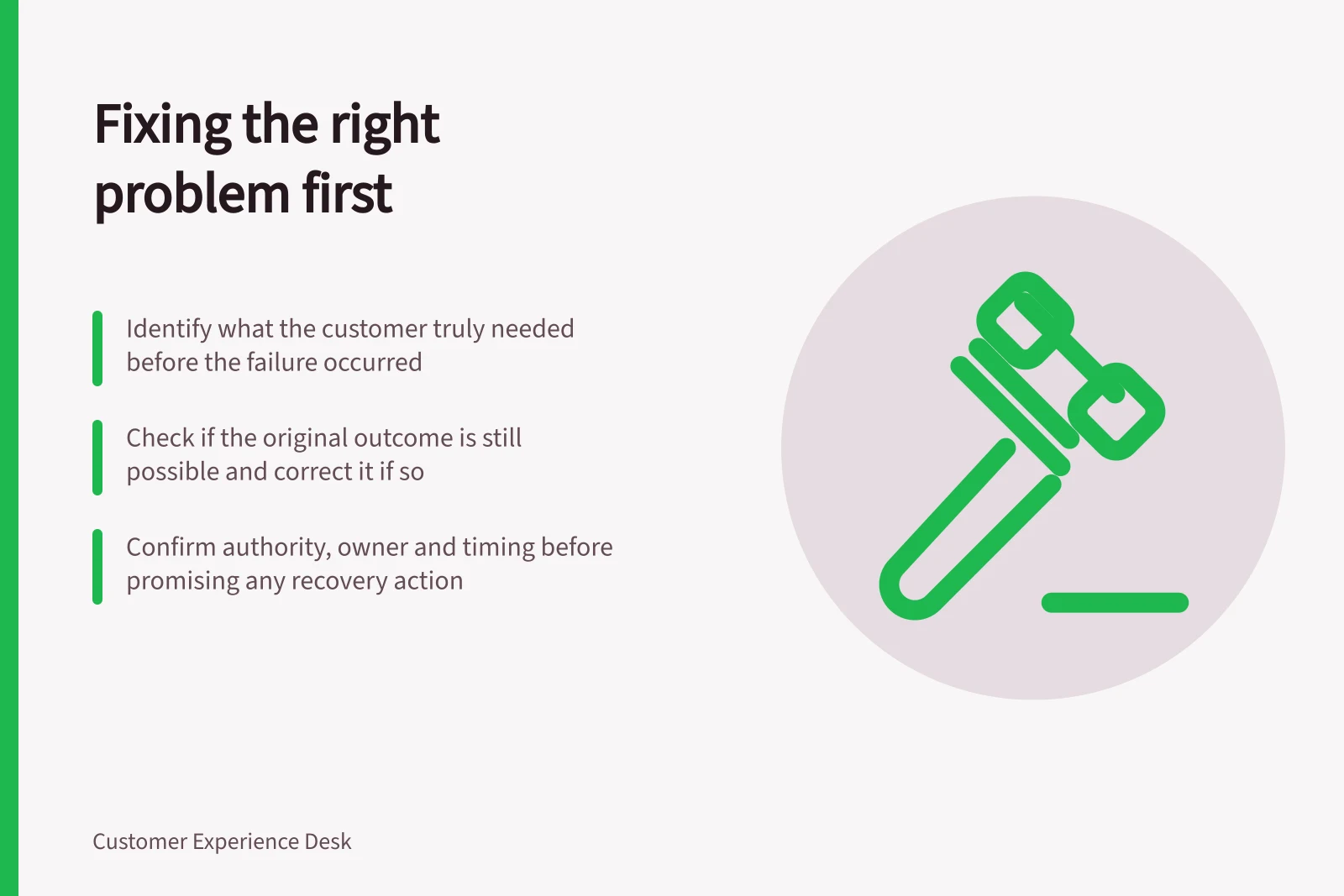 Fixing the right problem first: Identify what the customer truly needed before the failure occurred; Check if the original outcome is still possible and correct it if so; Confirm authority, owner and timing before promising any recovery action