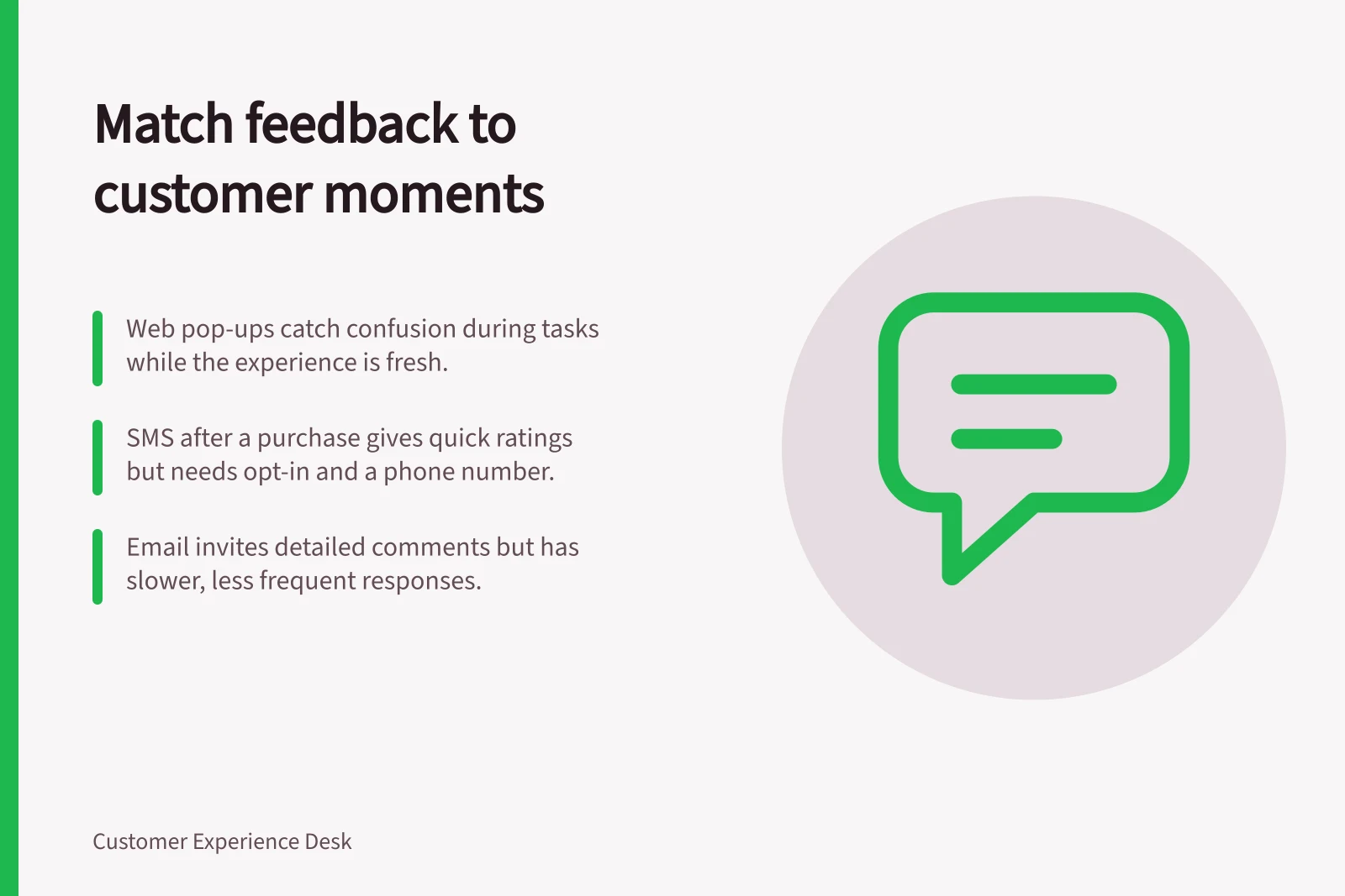 Match feedback to customer moments: Web pop-ups catch confusion during tasks while the experience is fresh.; SMS after a purchase gives quick ratings but needs opt-in and a phone number.; Email invites detailed comments but has slower, less frequent responses.