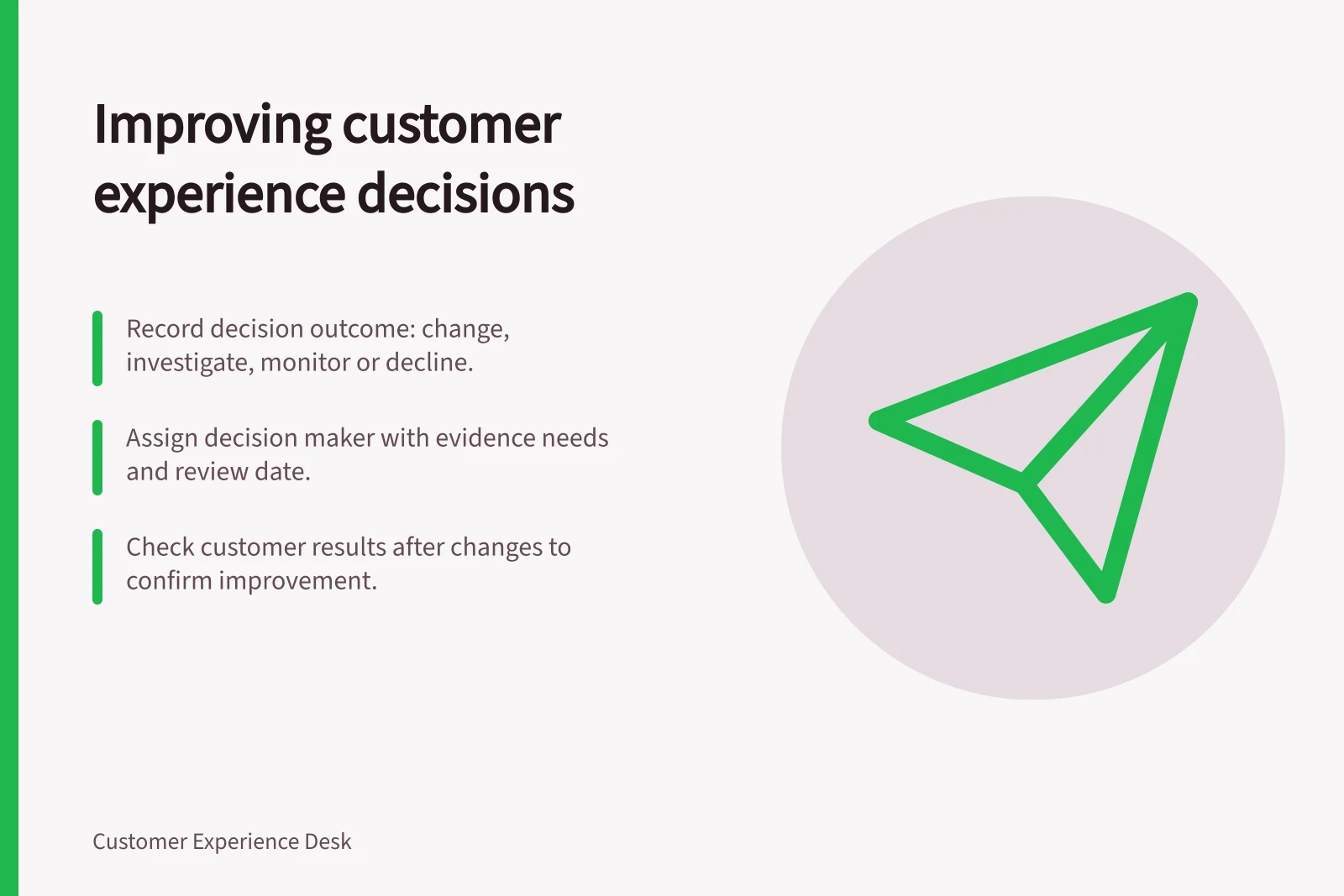 Improving customer experience decisions: Record decision outcome: change, investigate, monitor or decline.; Assign decision maker with evidence needs and review date.; Check customer results after changes to confirm improvement.