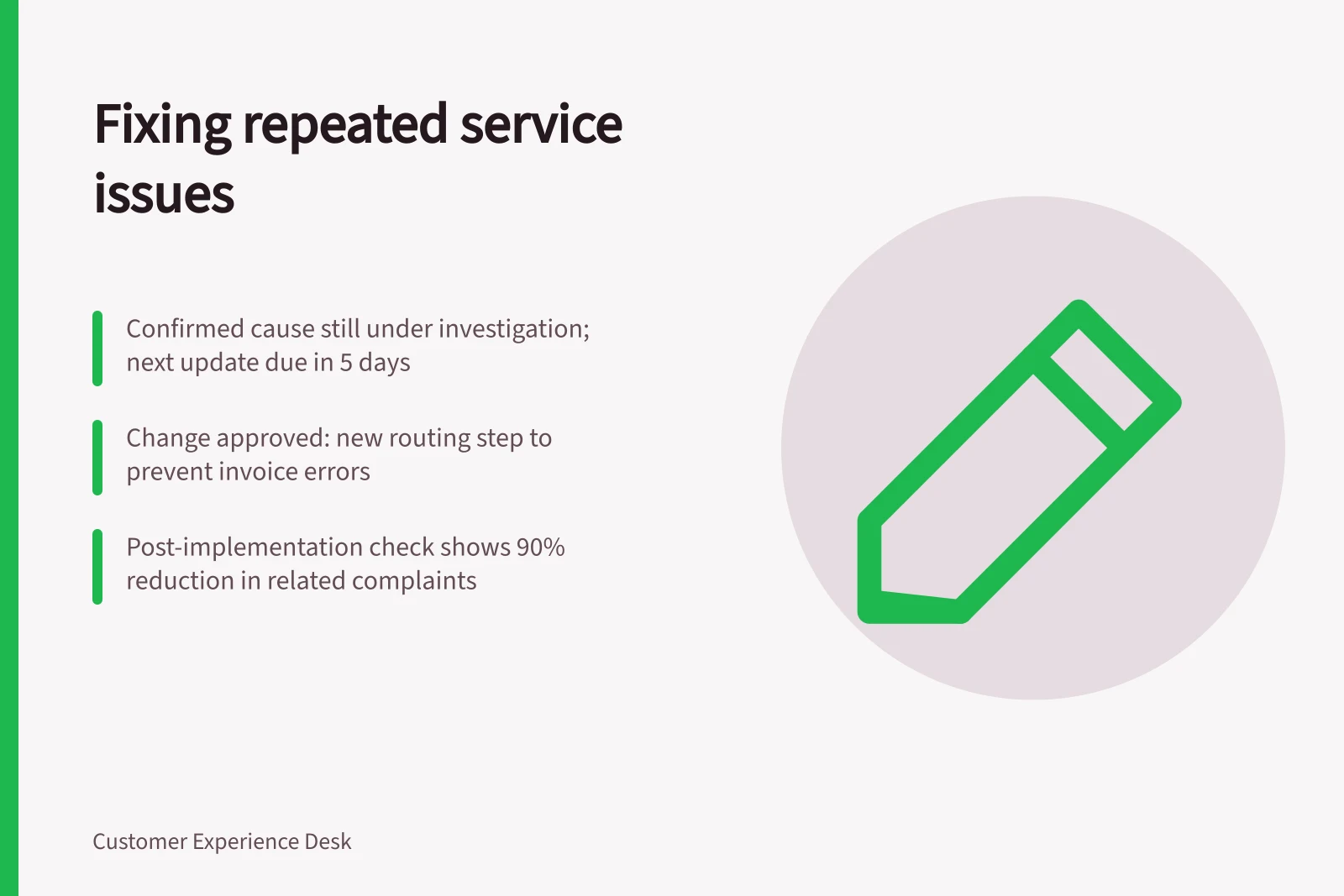 Fixing repeated service issues: Confirmed cause still under investigation; next update due in 5 days; Change approved: new routing step to prevent invoice errors; Post-implementation check shows 90% reduction in related complaints