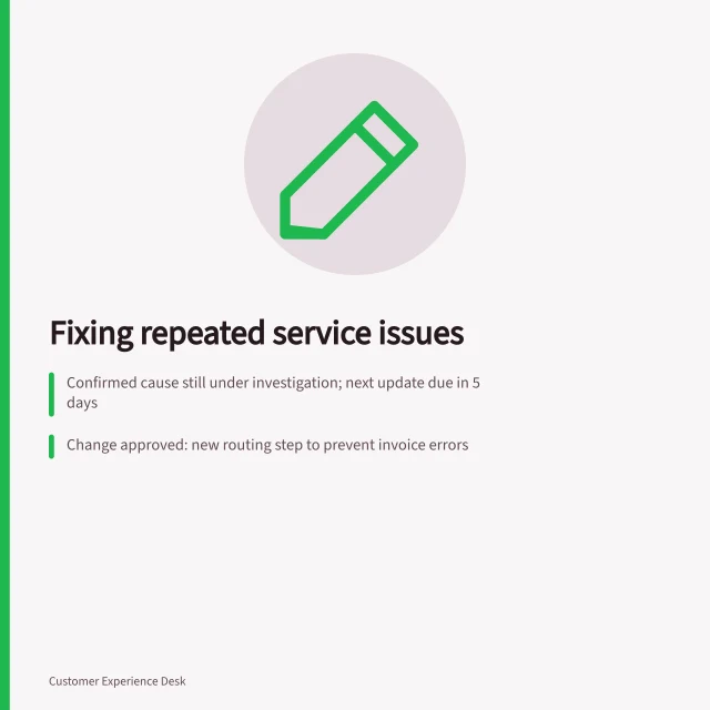 Fixing repeated service issues: Confirmed cause still under investigation; next update due in 5 days; Change approved: new routing step to prevent invoice errors; Post-implementation check shows 90% reduction in related complaints. Explaining what changed after a repeated service problem