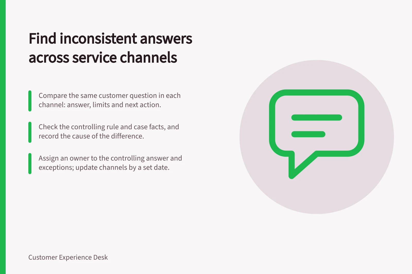 Find inconsistent answers across service channels: Compare the same customer question in each channel: answer, limits and next action.; Check the controlling rule and case facts, and record the cause of the difference.; Assign an owner to the controlling answer and exceptions; update channels by a set date.