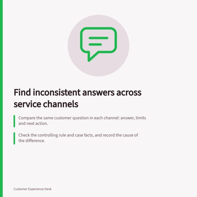 Find inconsistent answers across service channels: Compare the same customer question in each channel: answer, limits and next action.; Check the controlling rule and case facts, and record the cause of the difference.; Assign an owner to the controlling answer and exceptions; update channels by a set date. Identifying inconsistent answers across service channels