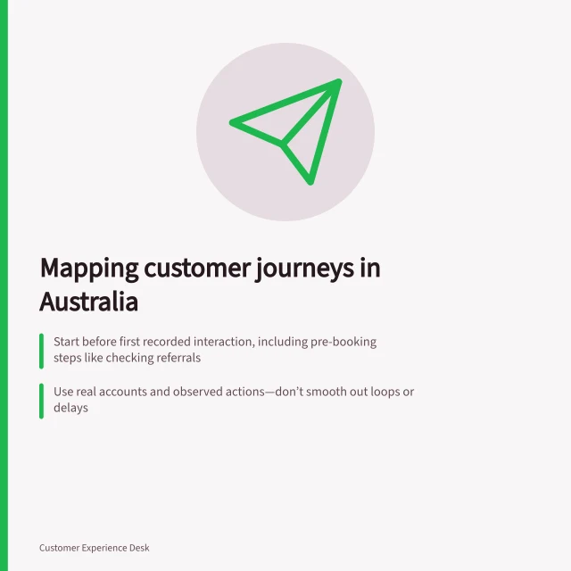 Mapping customer journeys in Australia: Start before first recorded interaction, including pre-booking steps like checking referrals; Use real accounts and observed actions—don’t smooth out loops or delays; Track outcomes as customers experience them, marking uncertain results as 'unknown'. Mapping a journey from the customer's perspective