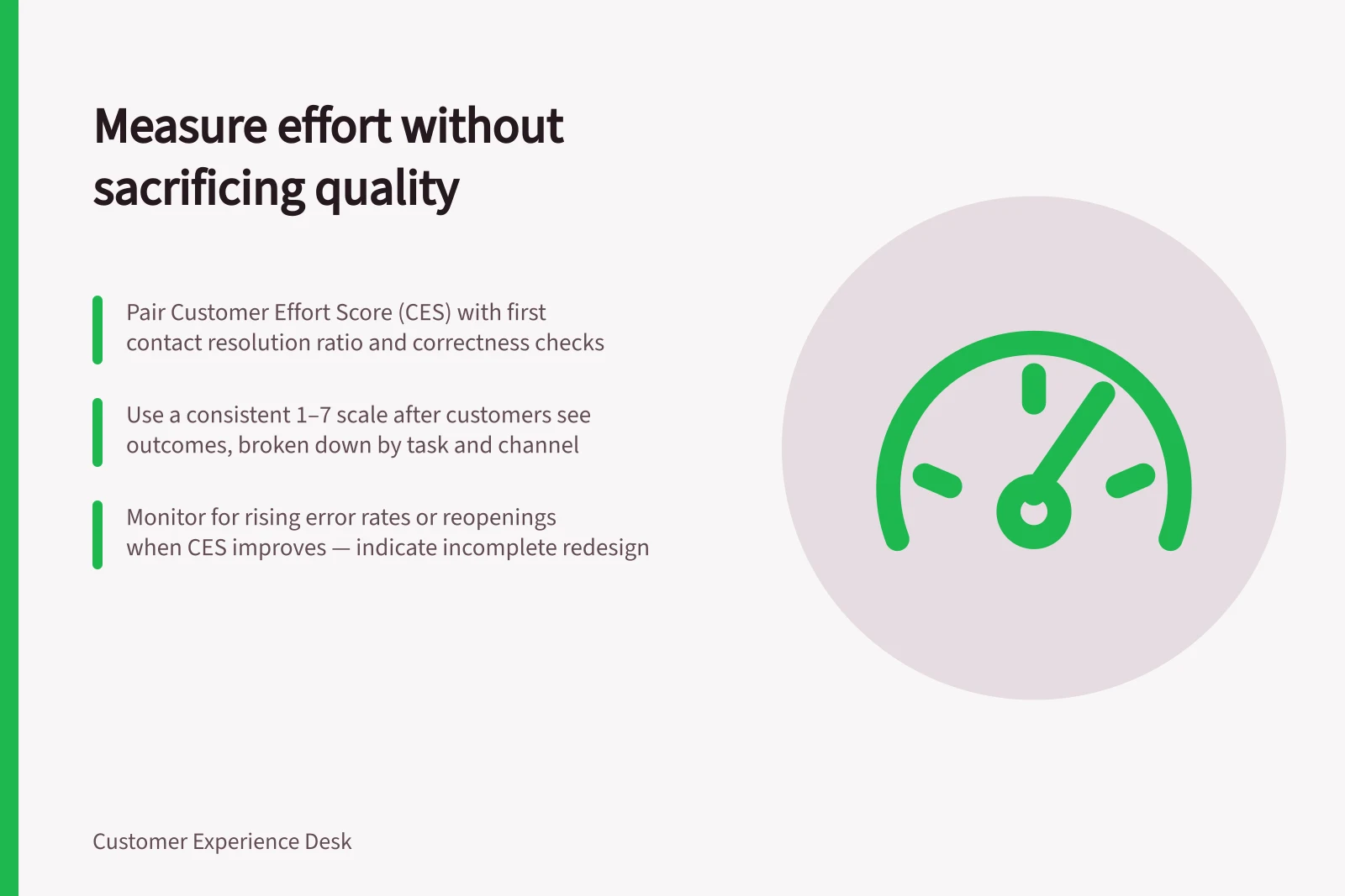 Measure effort without sacrificing quality: Pair Customer Effort Score (CES) with first contact resolution ratio and correctness checks; Use a consistent 1–7 scale after customers see outcomes, broken down by task and channel; Monitor for rising error rates or reopenings when CES improves — indicate incomplete redesign