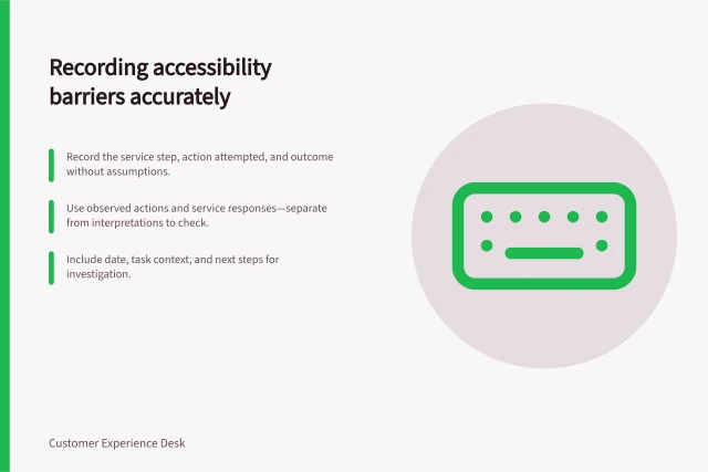 Recording accessibility barriers accurately: Record the service step, action attempted, and outcome without assumptions.; Use observed actions and service responses—separate from interpretations to check.; Include date, task context, and next steps for investigation. Recording accessibility barriers without guessing customer abilities