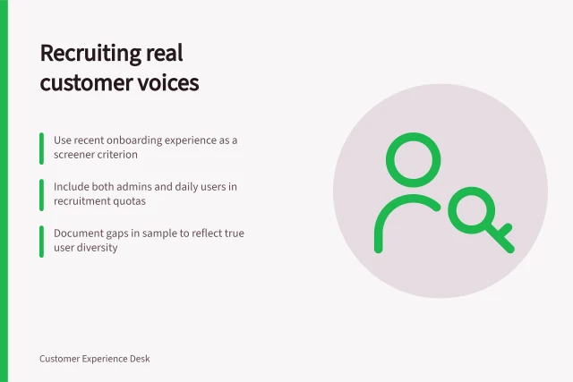 Recruiting real customer voices: Use recent onboarding experience as a screener criterion; Include both admins and daily users in recruitment quotas; Document gaps in sample to reflect true user diversity. Recruiting participants who represent the intended customers