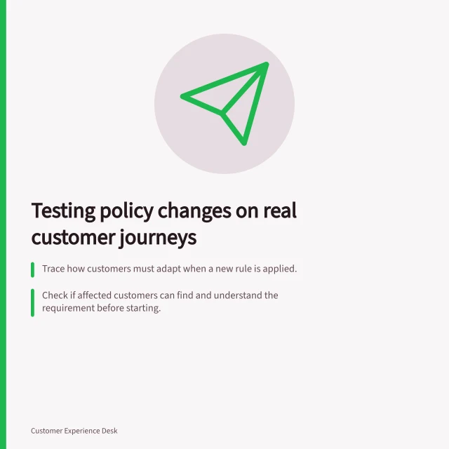 Testing policy changes on real customer journeys: Trace how customers must adapt when a new rule is applied.; Check if affected customers can find and understand the requirement before starting.; Verify staff can explain refusals, corrections or next steps clearly. Reviewing customer consequences before an internal policy change