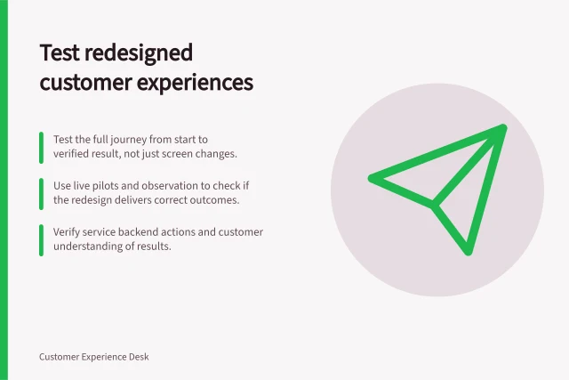 Test redesigned customer experiences: Test the full journey from start to verified result, not just screen changes.; Use live pilots and observation to check if the redesign delivers correct outcomes.; Verify service backend actions and customer understanding of results. Testing redesigned customer experiences